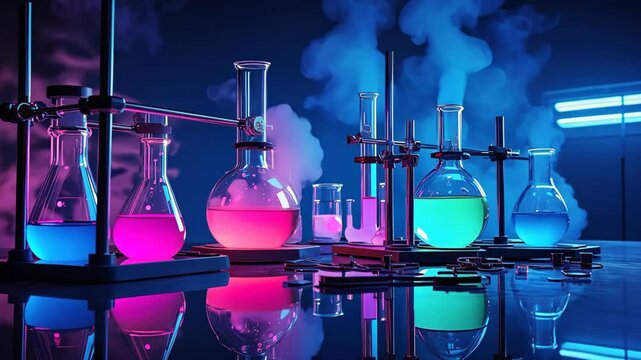 Glowing laboratory glassware with colorful neon liquids in beakers and flasks on a reflective surface. Thick smoke rises under dramatic blue and pink lighting, creating a futuristic science lab vibe.
