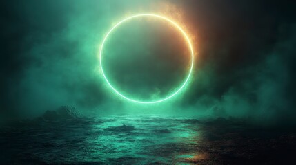 Neon circle portal glows in misty landscape