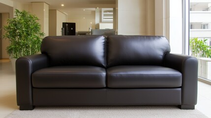 A sleek black leather couch in a modern penthouse, offering a luxurious setting for high-end fashion campaigns ,