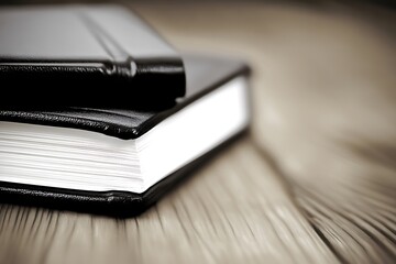 Close up of two leather bound notebooks on a wooden surface