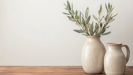 Neutral Ceramic Vases with Olive Branches on Wooden Table in Soft Studio Light Against a White Wall Minimalist Indoor Decor with Beige and Brown Tones