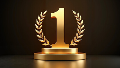 Golden number one with laurel branches on dark background, victory