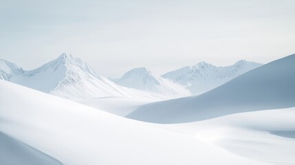 Serene Winter Landscape with Majestic Snow-Capped Mountains and Endless White Snow Dunes Under a Soft Cloudy Sky