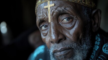 Elderly man with a cross