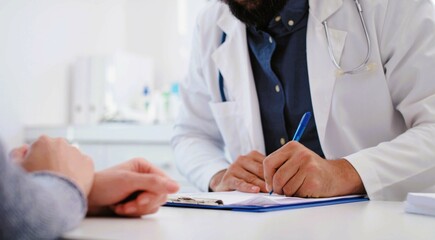 Doctor writing prescription at white table in clinic, closeup.Patient sitting in front of doctor...