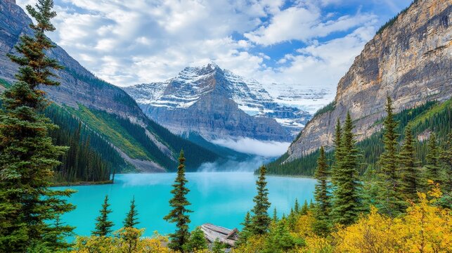 A misty mountain lake surrounded by pine trees, providing a tranquil and natural backdrop for outdoor fashion and captions,