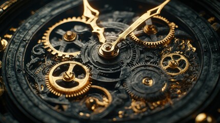 Intricate clockwork mechanism.  Detailed view of gears and hands