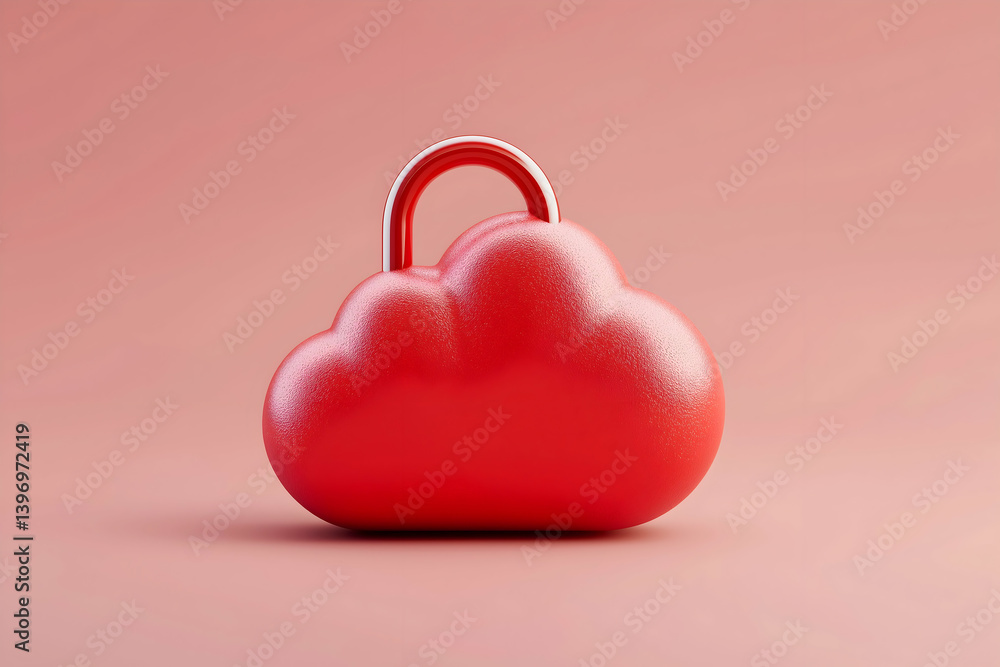Poster a shiny red cloud-shaped padlock against a soft pink background, symbolizing security and data prote