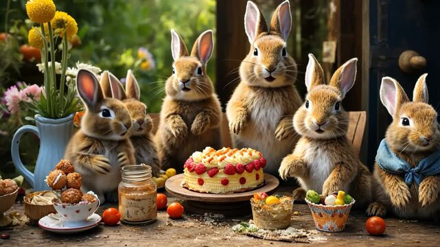 family of rabbits drinking tea from tiny cups, anthropomorphic concept of rabbits imitating human behavior, quirky tea party