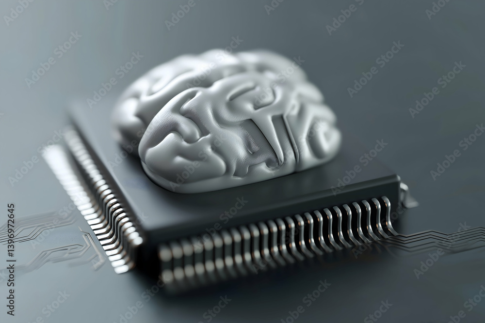 Aufkleber a 3d-rendered image depicting a brain atop a computer chip, symbolizing the intersection of artifici