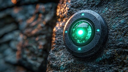 Futuristic glowing orb embedded in rock