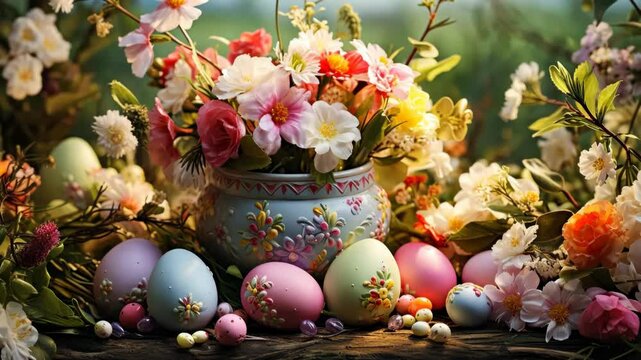 festive easter table setting with painted eggs, floral centerpiece and ceramic tableware arranged, concept of home decor, catering, event planning