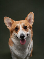 A happy Corgi sits on a dark background, smiling brightly with a joyful expression.