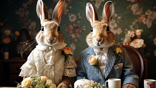 family of rabbits drinking tea from tiny cups, anthropomorphic concept of rabbits imitating human behavior, quirky tea party