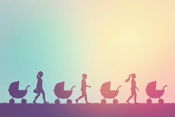 Subtle stroller silhouettes repeat on a soft pastel background , print, fabric, pastel