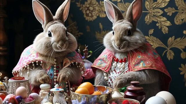 family of rabbits drinking tea from tiny cups, anthropomorphic concept of rabbits imitating human behavior, quirky tea party