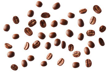 Obraz premium Set of flying coffee beans isolated on transparent white background, clipping path, pen tool.