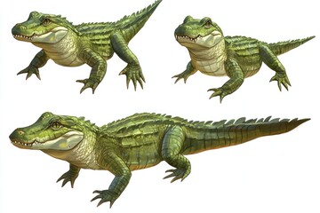 Fototapeta premium Three juvenile green alligators on white background, showing different poses, for educational use