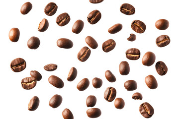 Obraz premium Set of flying coffee beans isolated on transparent white background, clipping path, pen tool.
