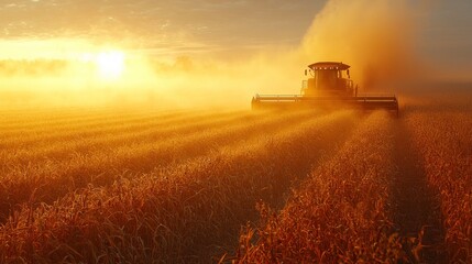 Fototapeta premium Harvesting golden field at sunrise