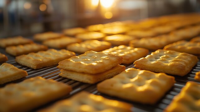 Square crackers sit in rows on a metal rack, glowing under warm backlight in a soft focus bakery