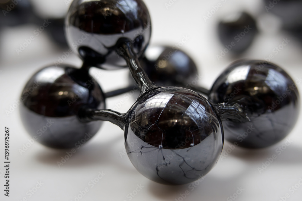 Aufkleber close-up of dark spheres connected by thin strands, creating a complex structure, showcasing a scien