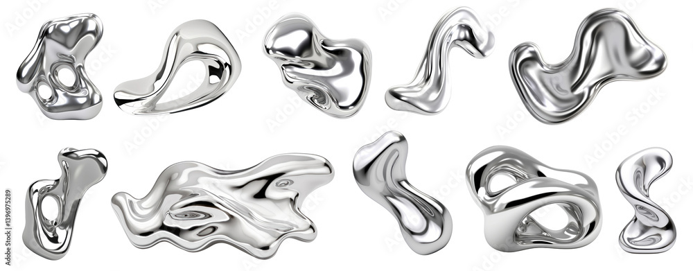 Fototapete png abstract fluid metallic shapes, element set on transparent background