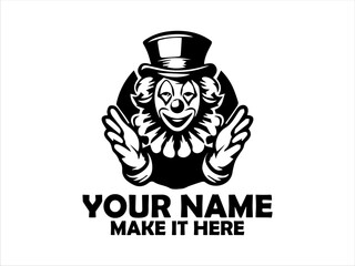 Whimsical clown character with vibrant makeup, a top hat adorned with stars, and a large red bow tie against a clean white backdrop. Illustration concept, circus clown vector design circus clown logo