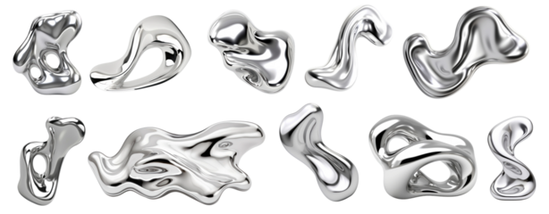PNG Abstract fluid metallic shapes, element set on transparent background