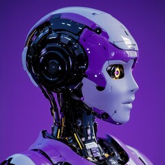 Cyborg Woman: A close-up profile view of a futuristic cyborg woman. The design features a striking color palette and advanced mechanical details.