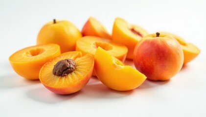 Sun-dried apricots, vibrant orange, scattered on white , food, white