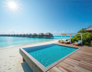 Fototapeta premium Private tropical beach villa with infinity pool and overwater bungalows under bright sun in luxury island resort paradise summer escape