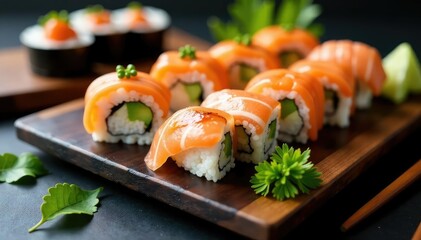 Sushi platter, assorted rolls, minimalist setting, healthy, tuna