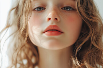 Naklejka premium Young girl with curly hair poses naturally in soft light, showcasing her expressive features and calm demeanor at home