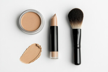 Makeup products arranged neatly on a clean surface for beauty enthusiasts showcasing tools and cosmetics