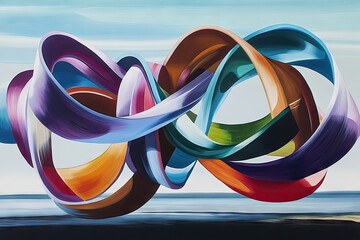 A vibrant abstract painting of intertwined, colorful ribbons against a serene sky.
