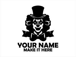 Whimsical clown character with vibrant makeup, a top hat adorned with stars, and a large red bow tie against a clean white backdrop. Illustration concept, circus clown vector design circus clown logo