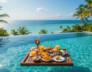 Tropical breakfast on a floating tray in infinity pool with clear ocean view, fresh fruits, juices, and delicious dishes, ideal for a luxury vacation or resort getaway