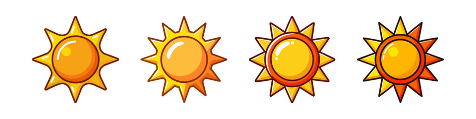 Four cartoon sun icons showing different intensities of brightness and color variations