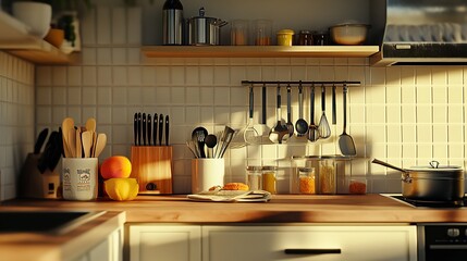 3D effect of a realistic kitchen with detailed appliances, utensils, and a lively cooking scene