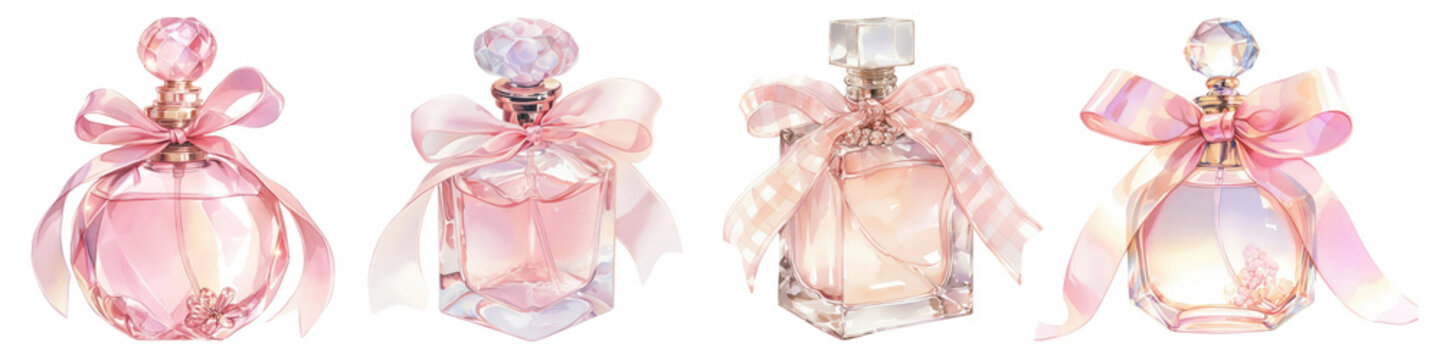 Fototapeta PNG Elegant pink perfume bottles, element set on transparent background