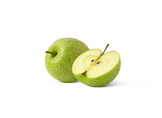 Fresh green apple with water droplets and a half isolated 