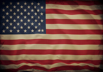 aged united states flag with antique fabric appearance showing detailed stars and stripes pattern for rustic patriotic design projects
