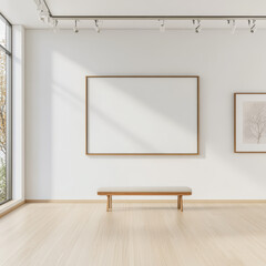Modern Art Gallery Interior with Empty Frame and Bench Seating