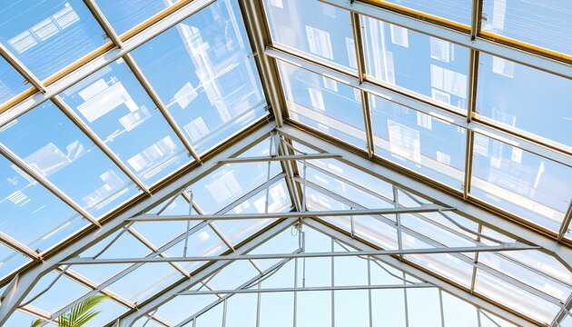 glass roof structure, geometric patterns, blue sky visible, sunlight streaming through, architectural detail, transparent ceiling, greenhouse-like interior, metal framework, triangular shapes - Powered by Adobe