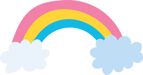 Simple colorful cute rainbow. Rainbow with two blue clouds isolated on white background, vector illustration.