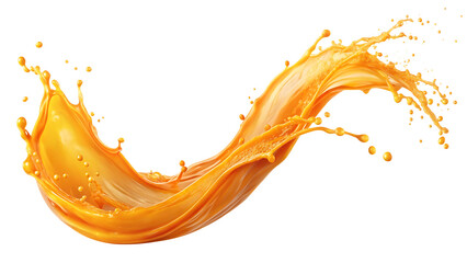 A vibrant splash of orange juice against a stark black background image on transparent background