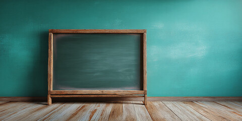 Empty chalkboard with wooden frame stands against teal wall on wooden floor, offering blank space for text or advertisement, showcasing a rustic and simple design perfect for announcements or messages
