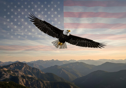 powerful bald eagle in flight against dramatic sunset mountains and united states flag patriotic wilderness nature scene for memorial day marketing