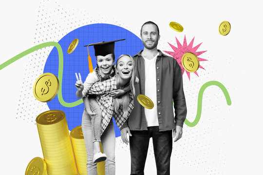Composite photo collage template sketch of finance market currency dollar coins earnings family dad mom hold girl back graduating hat rich - Powered by Adobe